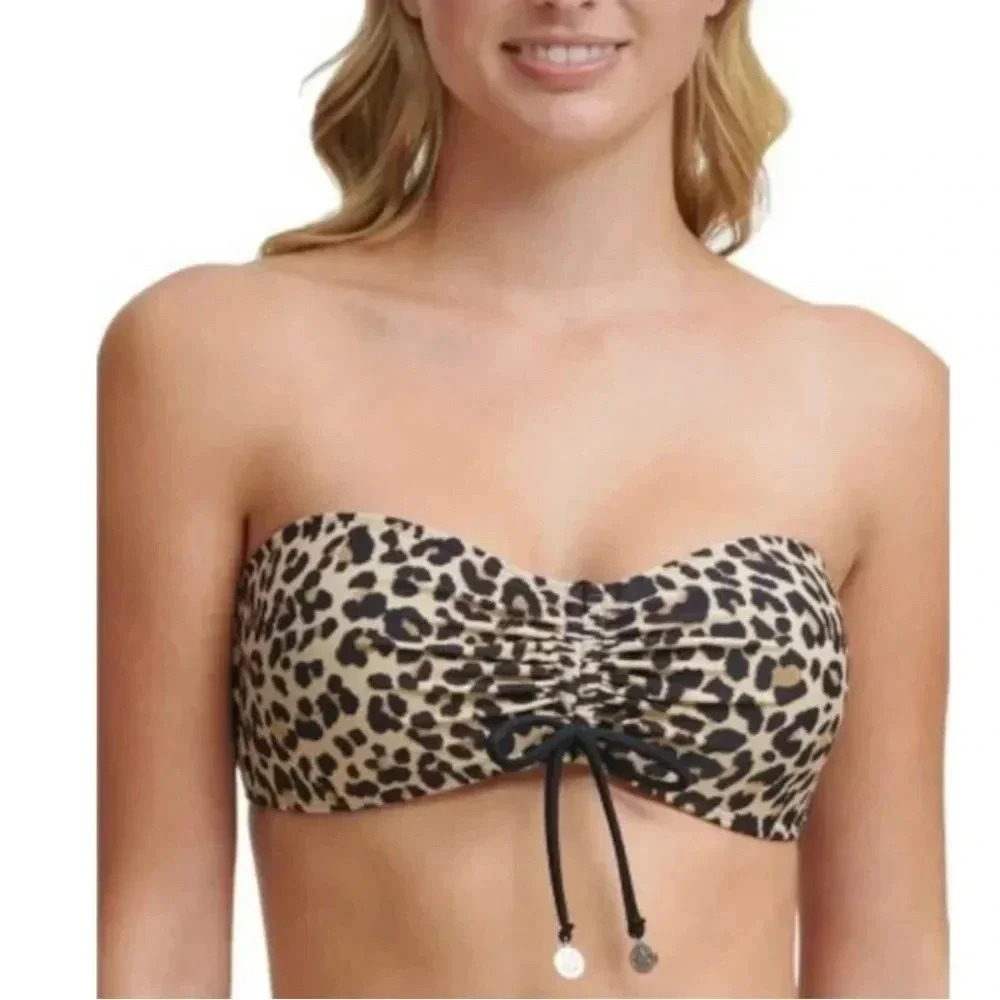 DKNY Black Brown Leopard Print Stretch‎ Ruched Tie Bandeau Bikini Top WMs XS NWT